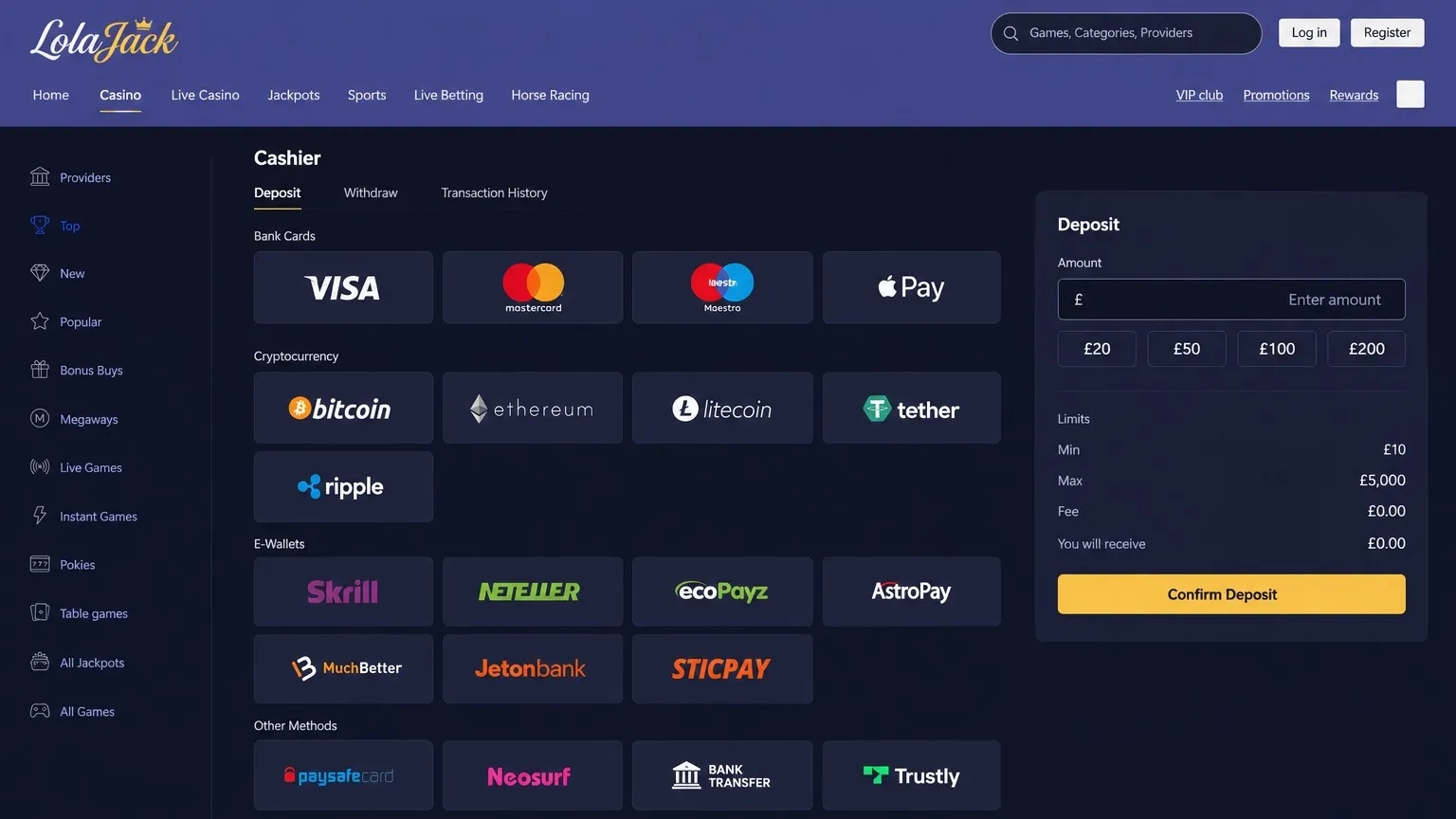 Lolajack Casino withdrawal methods for UK players