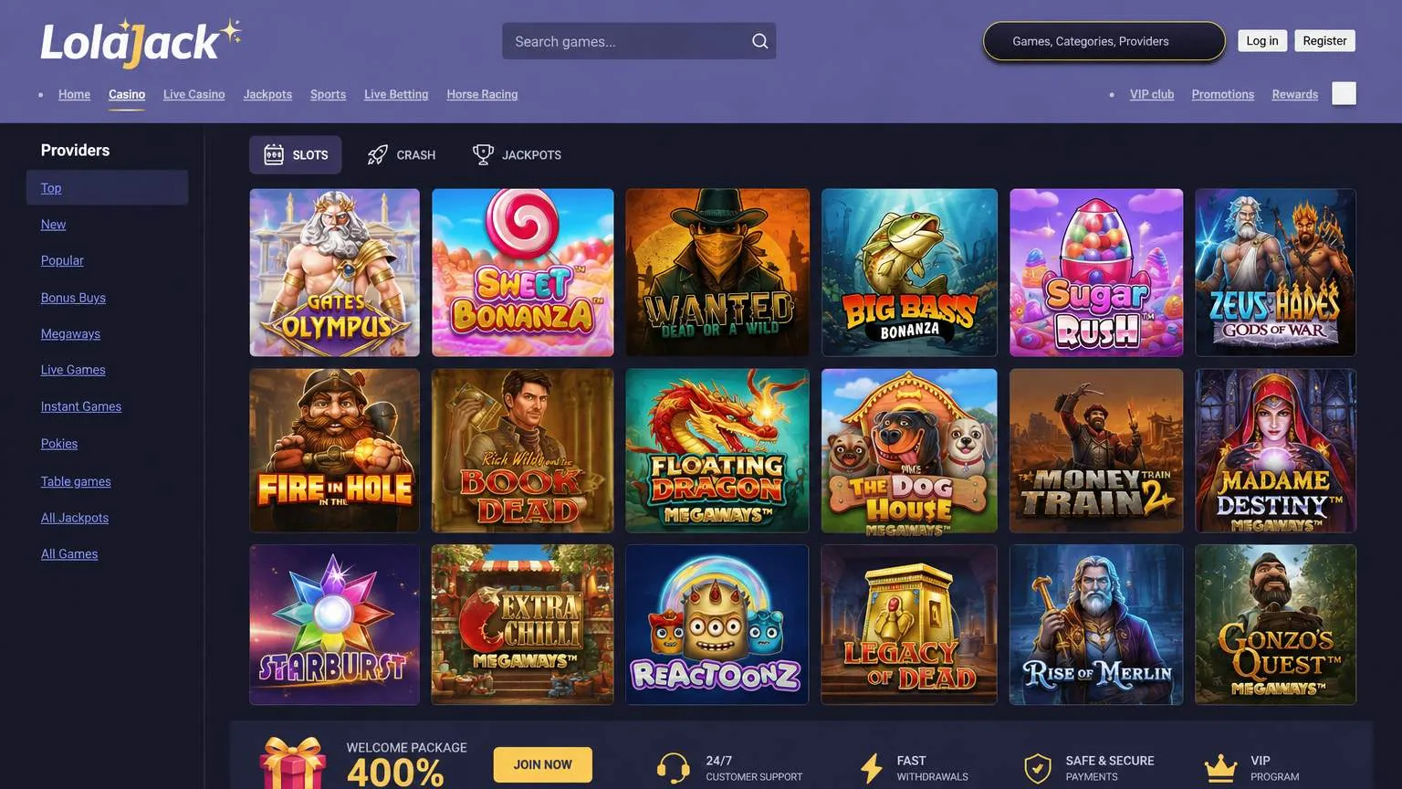 Casino game selection and software providers at Lolajack Casino